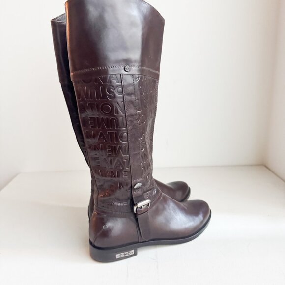 Costume National Chestnut Brown Spell-out Tall Riding Boots 37 - Picture 2 of 12